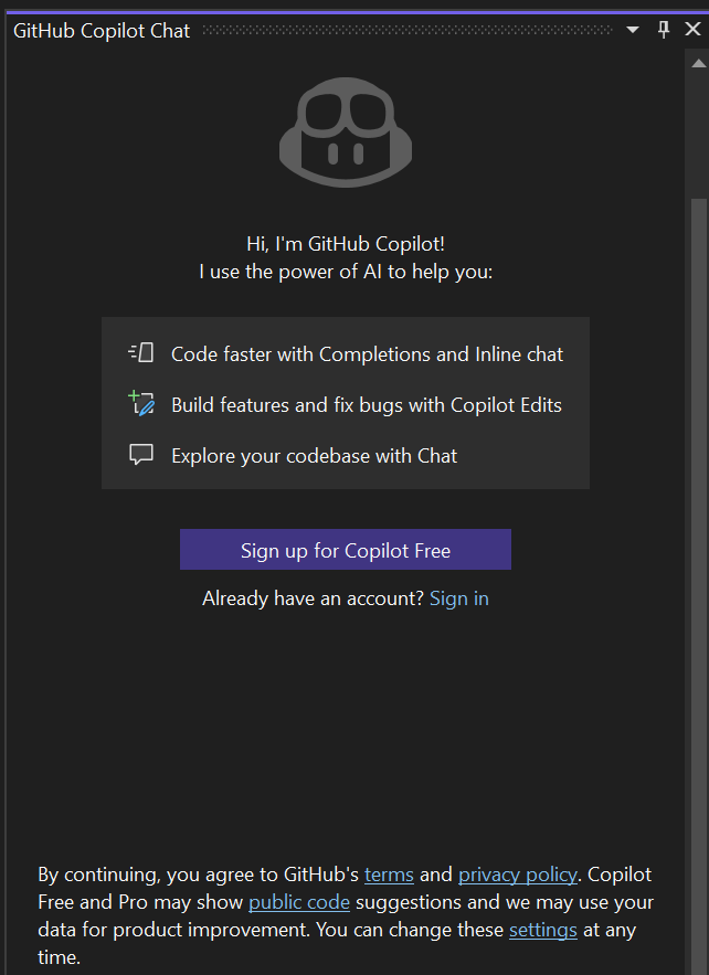 Screenshot of Sign up for Copilot Free in the Chat window.