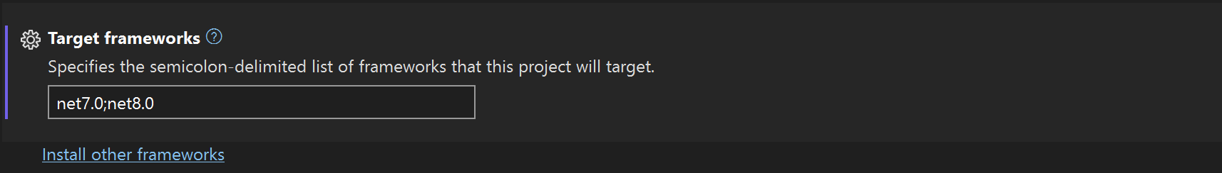 Screenshot of the General tab in the Project Properties dialog box, with the 'Target frameworks' list showing.