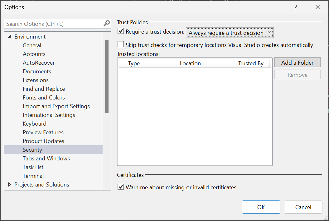 Screenshot showing how to enable trusted locations by using the Trust Settings options.