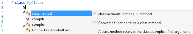 Screenshot that shows decorator completion in the Visual Studio editor.