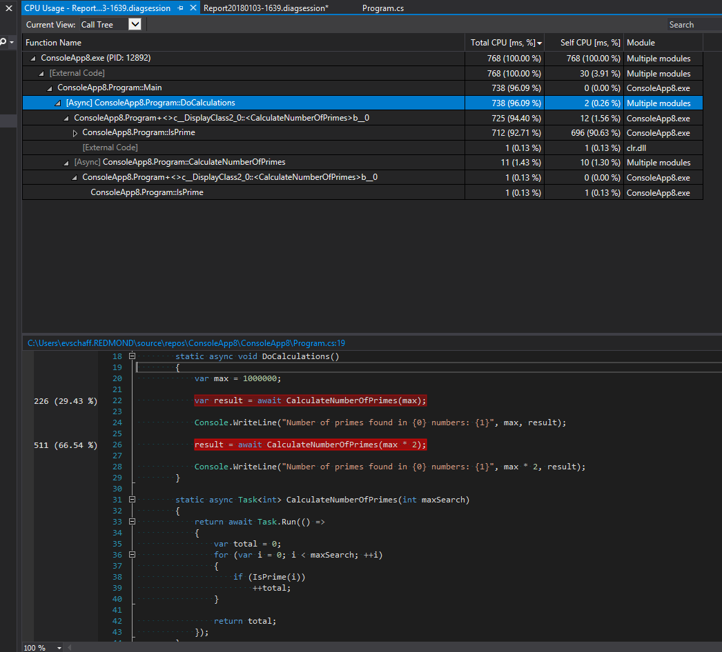 Logical Call Stack Tree with Call Stack Stitching in effect