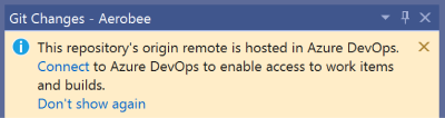 Info bar in Git Changes window prompting you to connect to Azure DevOps for the current repository.