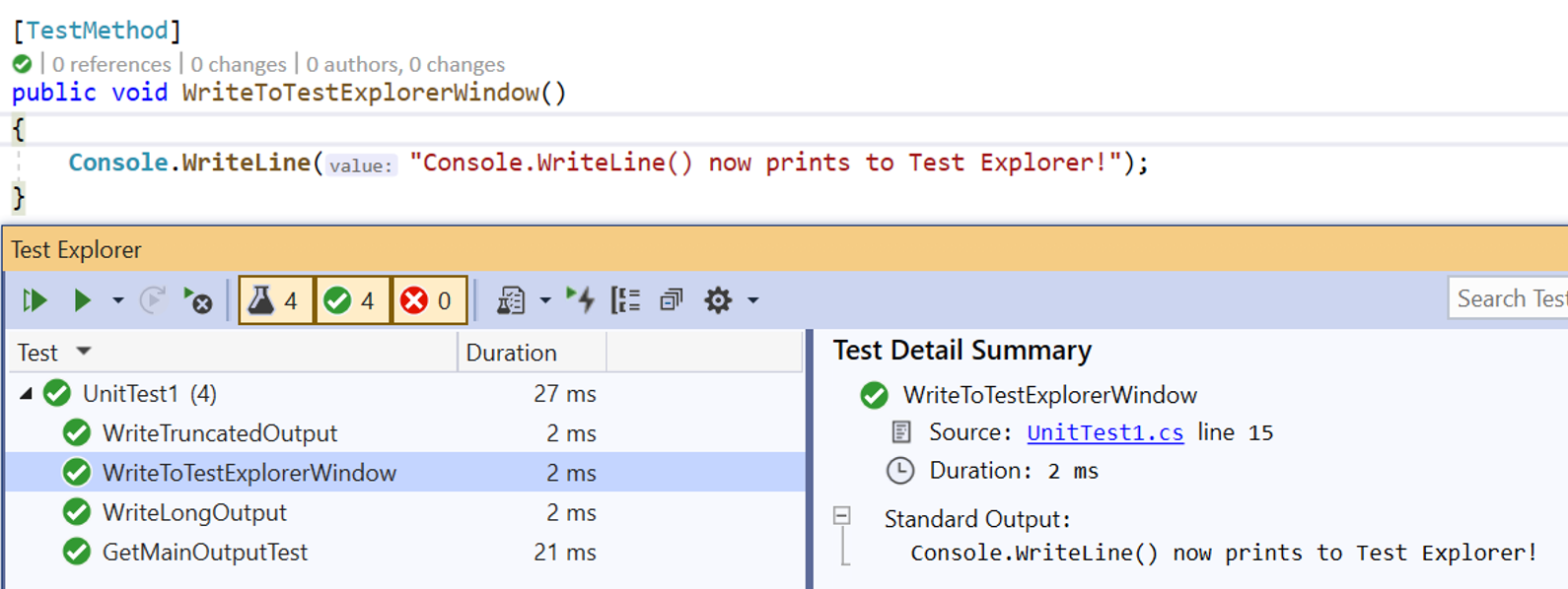 Test output includes Console.Writeline