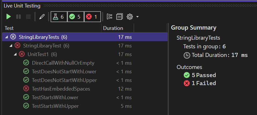 Screenshot that shows faded-out tests in Test Explorer.