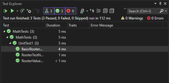 Test Explorer showing 3 passed tests