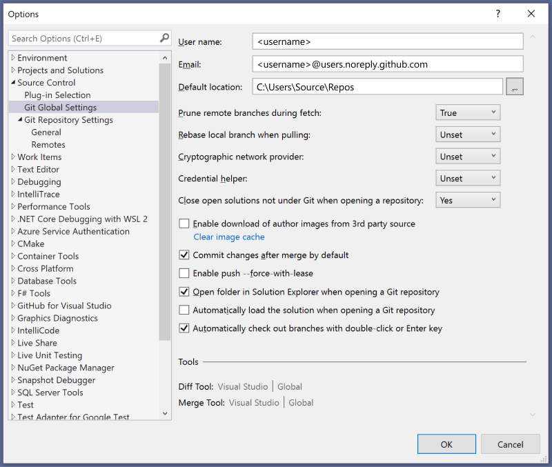 The Options dialog box where you can choose personalization and customization settings in Visual Studio IDE.