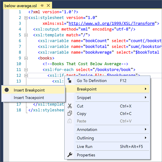 Insert breakpoint in XSL file in Visual Studio