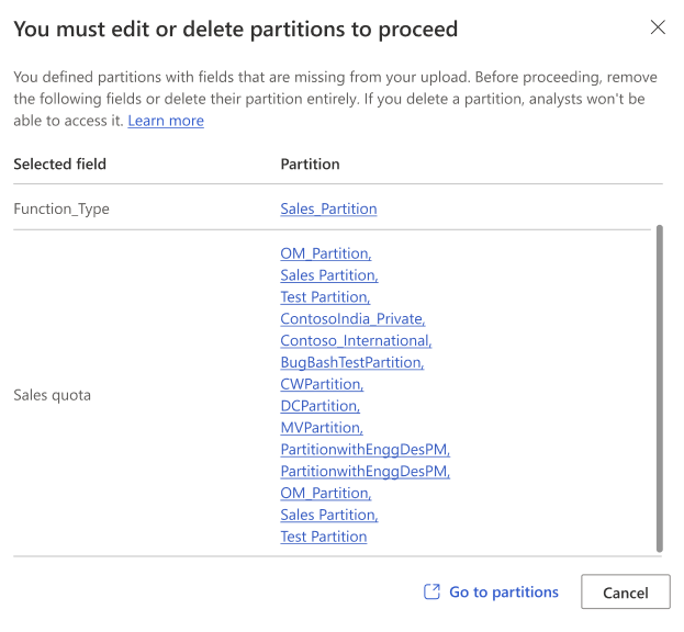 Screenshot of an error for partitions using fields missing from an upload. It contains a table with Selected field and Partition columns.