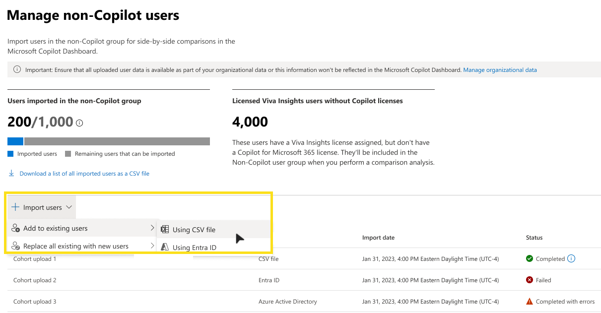 Screenshot that shows how import new Copilot users.