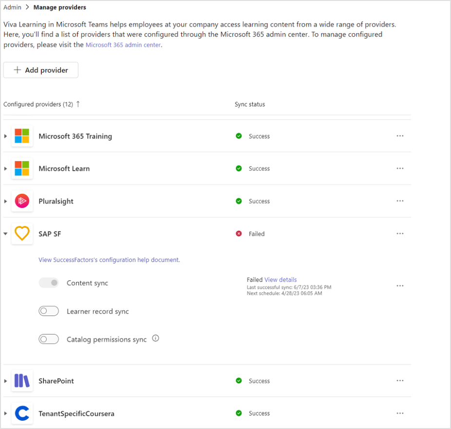 Screenshot that shows the Manage Providers options inside Viva Learning.