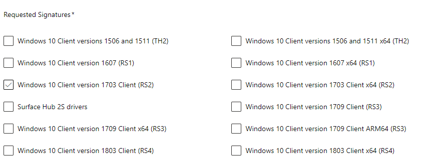 Screenshot that shows possible signatures for a driver submission, and the finalize button.