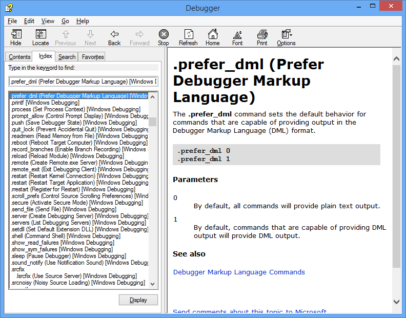 Screenshot of Debugger Help application displaying help for the .prefer-dml command.