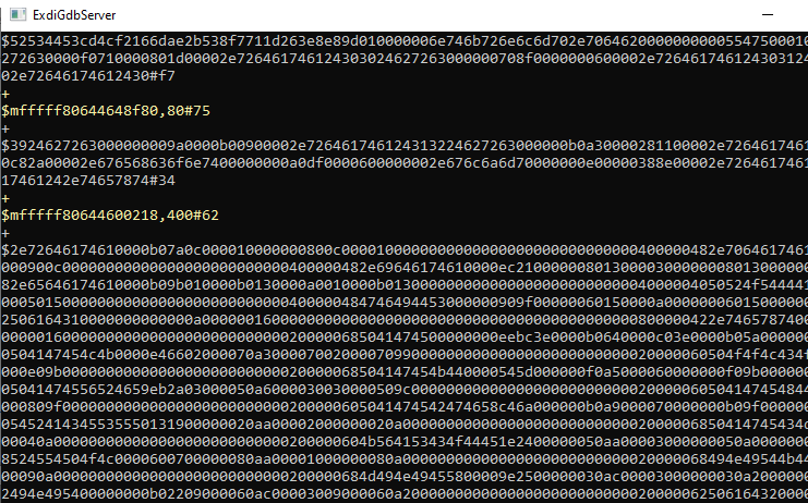 ExdiGdbServer text window displaying long hexadecimal numbers.