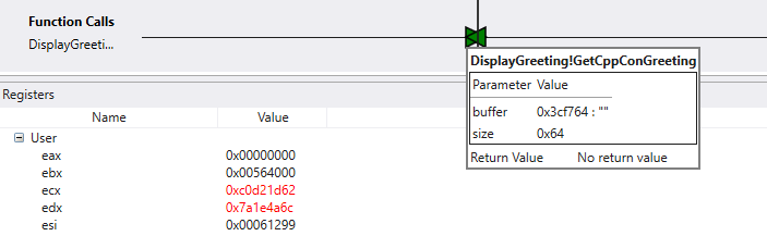 Timeline in debugger displaying function calls and registers window.