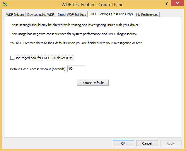 Screenshot of the UMDF Settings (Test Use Only) tab in WDF Verifier.