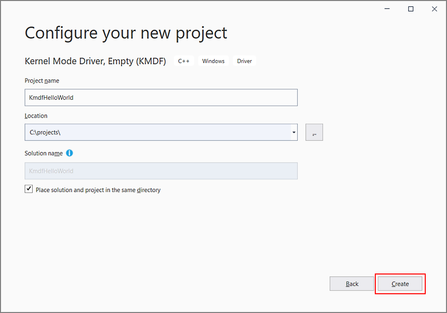 Screenshot of the Visual Studio configure your new project dialog box with the Create button highlighted.