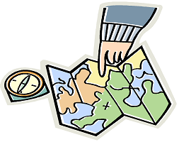 Illustration of a compass, a map, and a finger pointing at the map.