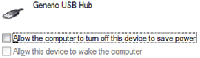 Screenshot of the power management tab for the generic USB hub in Windows Device Manager.