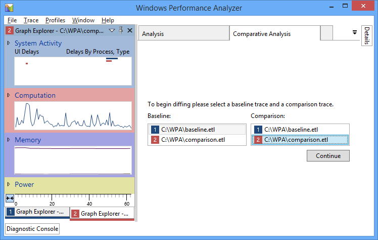 selecting baseline and comparison traces