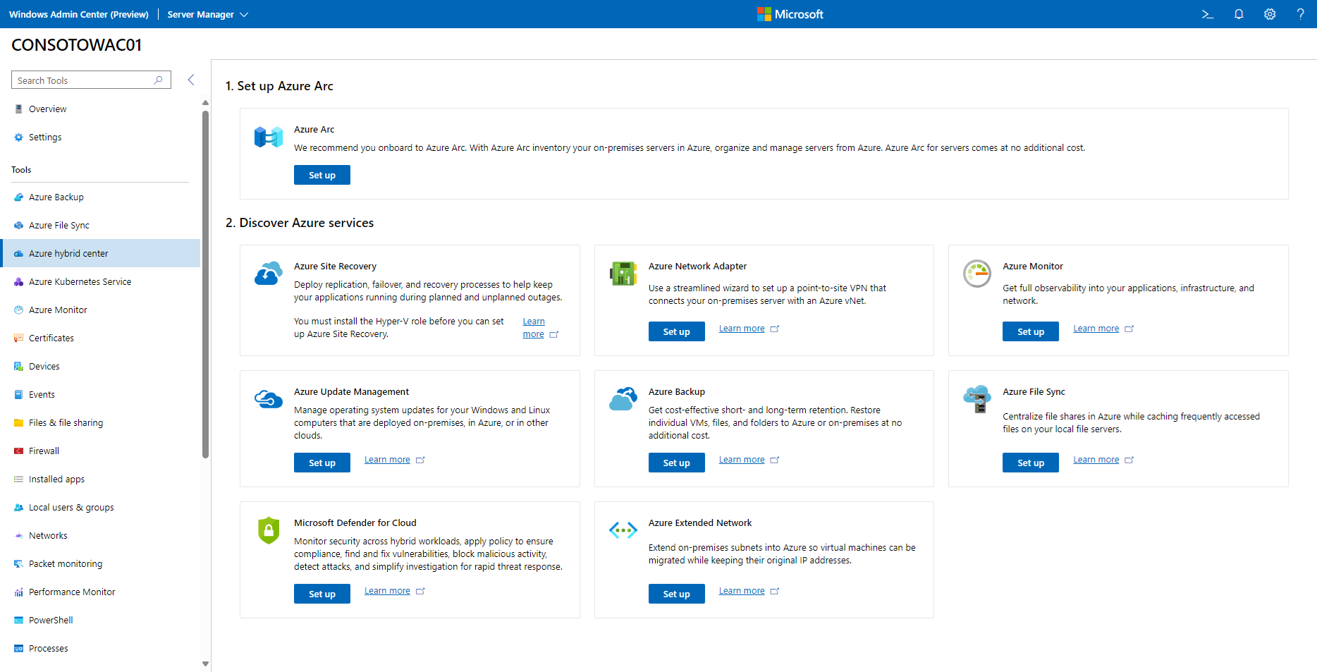 Screenshot of Windows Admin Center showing the Azure Hybrid Services tool