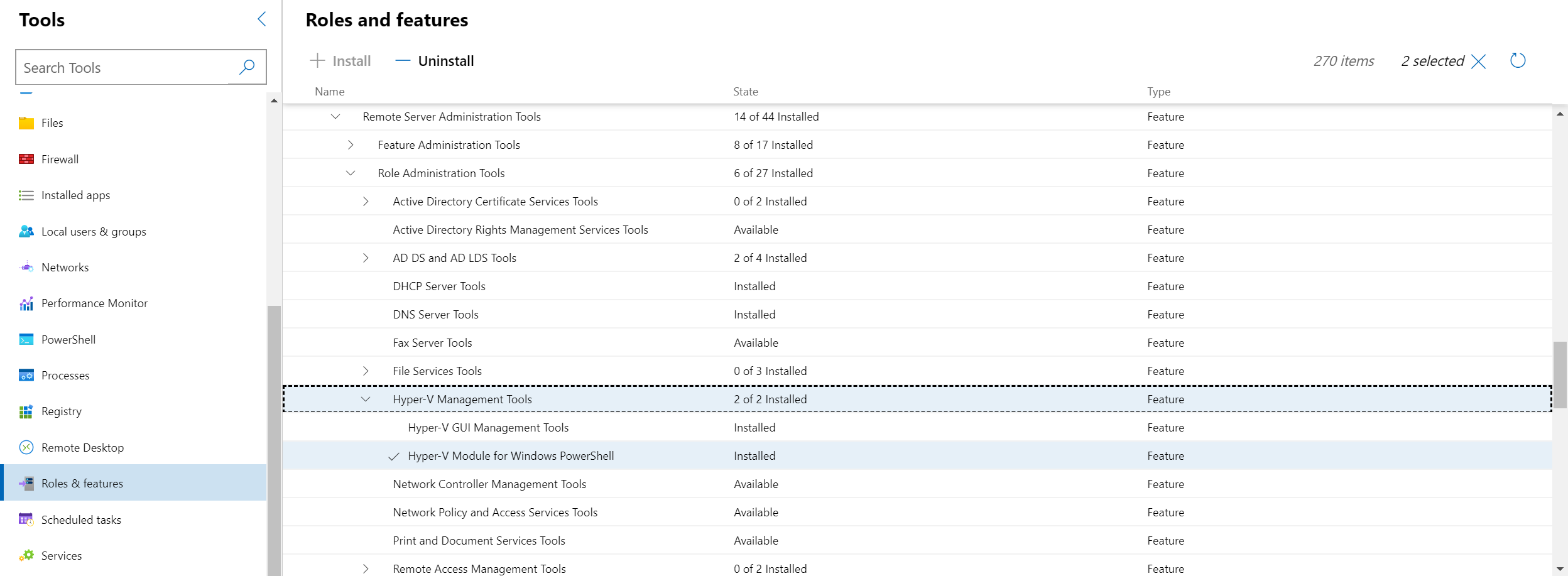 Screenshot of Roles and Features showing Hyper-V roles selected