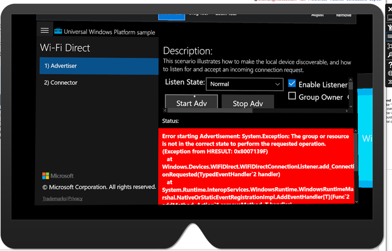 HoloLens Emulator loaded with a UWP sample showing a system exception