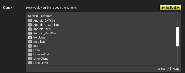 Screenshot of cook options in profile configuration with cook by the book and HoloLens highlighted