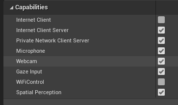 Screenshot of the HoloLens project settings with the Webcam property highlighted