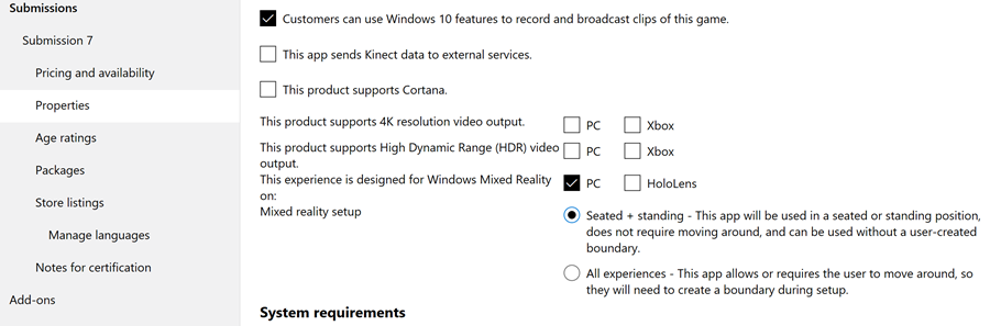 Mixed Reality product declarations