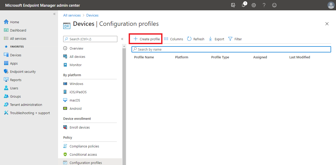 Intune Device Configuration Create Profile.