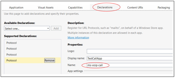 Declarations tab of the manifest designer