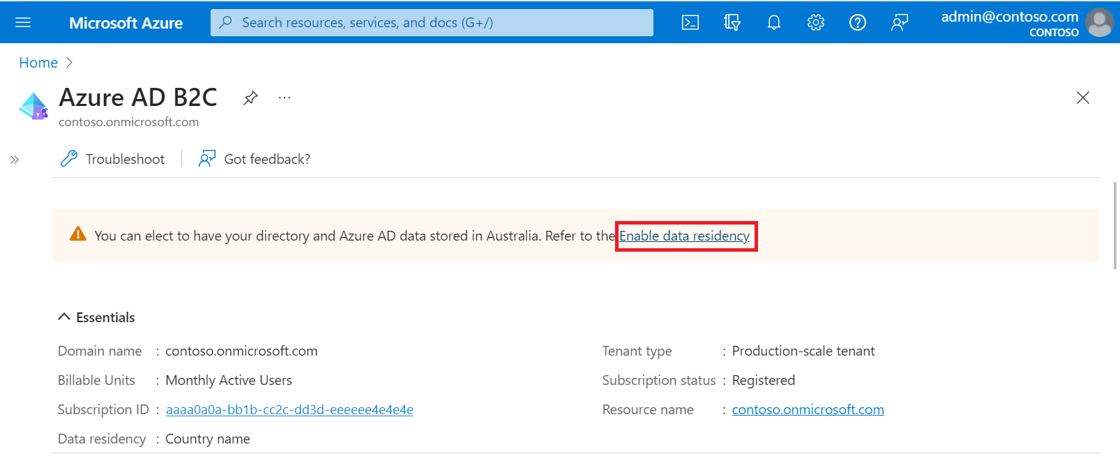 Screenshot of opt in to Azure AD B2C Go-Local add-on in Azure portal.