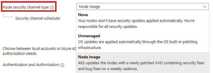 Een schermopname van Azure Portal met de optie type knooppuntbeveiligingskanaal op het tabblad Basis van de pagina voor het maken van een AKS-cluster.