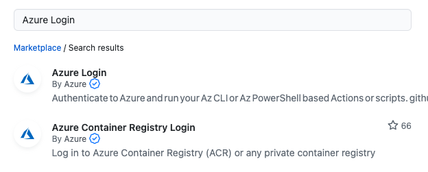 Zoekresultaten met twee regels, de eerste actie heet 'Azure Login' en de tweede 'Azure Container Registry Login'