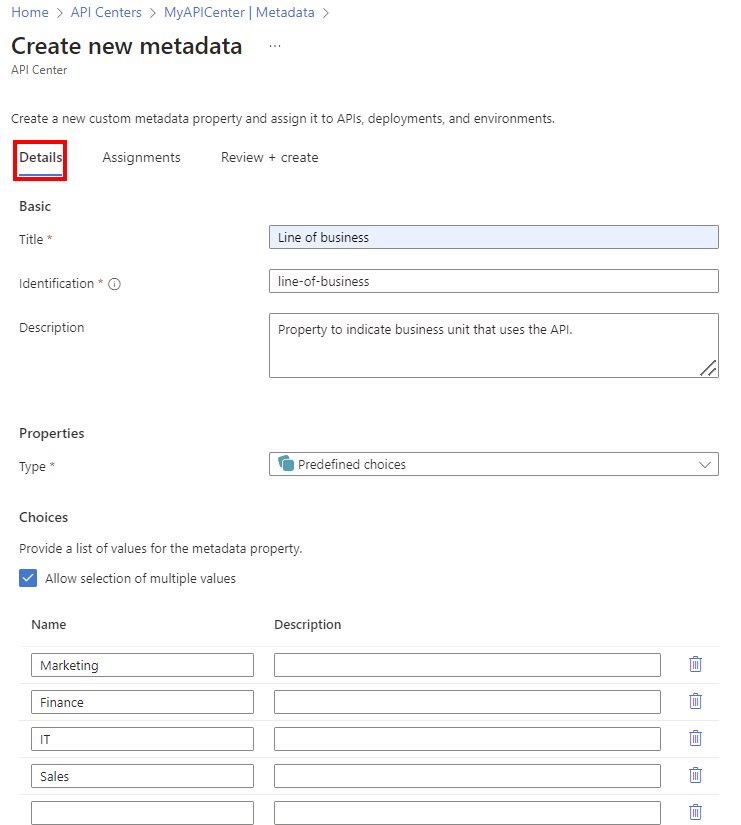 Schermopname van het toevoegen van aangepaste metagegevens in de portal.