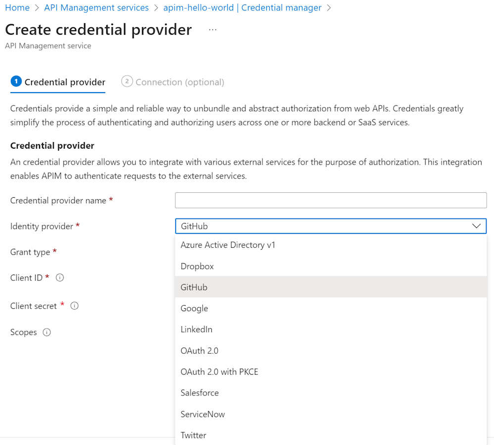 Schermopname van id-providers die worden vermeld in de portal.