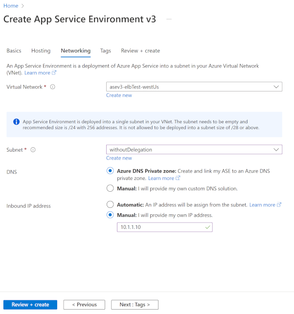 Schermopname van selecties van App Service Environment-netwerken (ASE Internal).