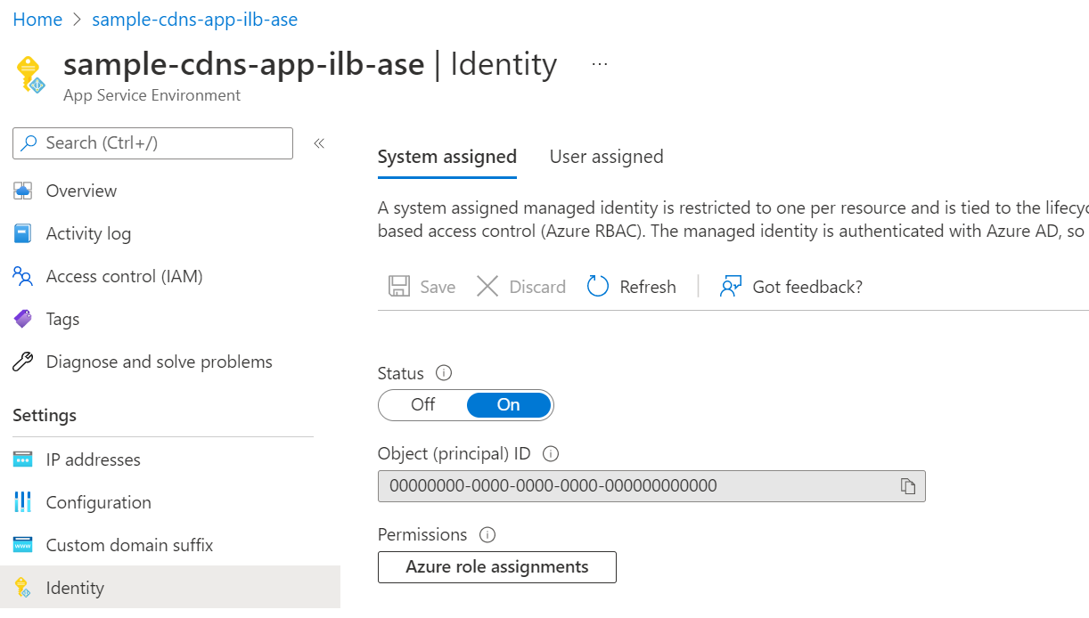 Schermopname van een voorbeeld van een door het systeem toegewezen beheerde identiteit voor App Service Environment.