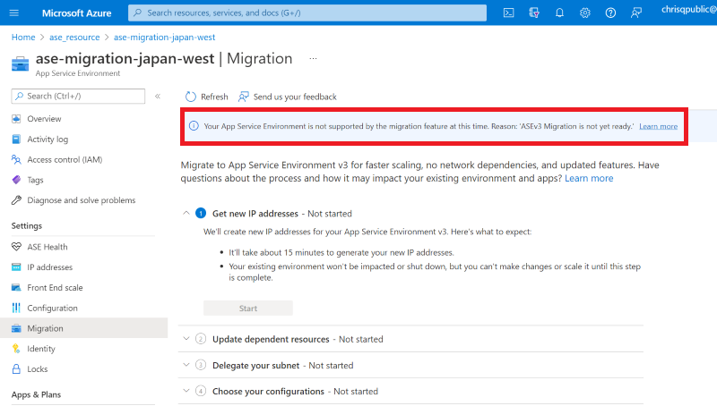 Schermopname van een voorbeeld van een portalbericht met de melding dat de migratiefunctie geen ondersteuning biedt voor de App Service Environment.