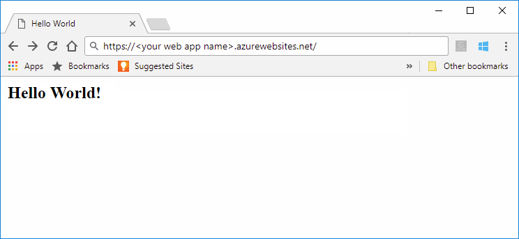 Schermopname van maven Hallo wereld web-app die wordt uitgevoerd in Azure-app Service.