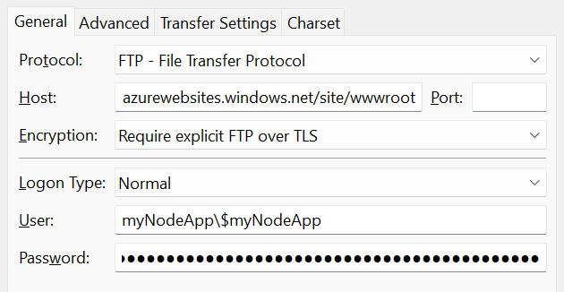 Schermopname van de details van de FTPS-verbinding.