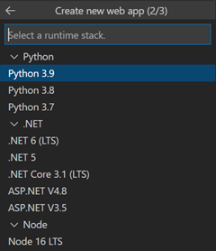 Een schermopname van het dialoogvenster in VS Code dat wordt gebruikt om de runtimestack voor de nieuwe web-app te selecteren.