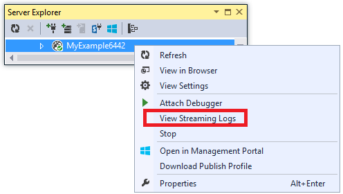 Schermopname van Server Explorer nadat u met de rechtermuisknop op uw app hebt geklikt, met Streaminglogboeken weergeven geselecteerd in een nieuw venster.