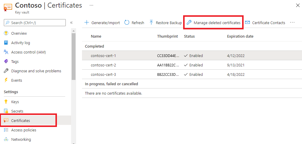 Schermopname van het herstellen van een verwijderd certificaat in Key Vault.