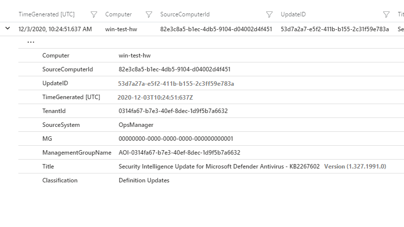 Voorbeeld met resultaten van logboekquery uit de tabel Updates.