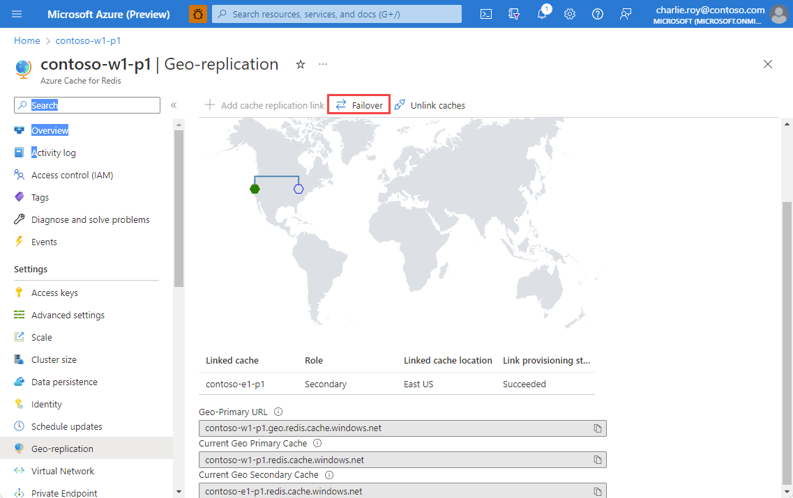 Schermopname van gekoppelde caches met Failover gemarkeerd.