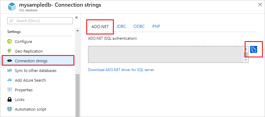 Kopieer de verbindingsreeks voor ADO.NET.