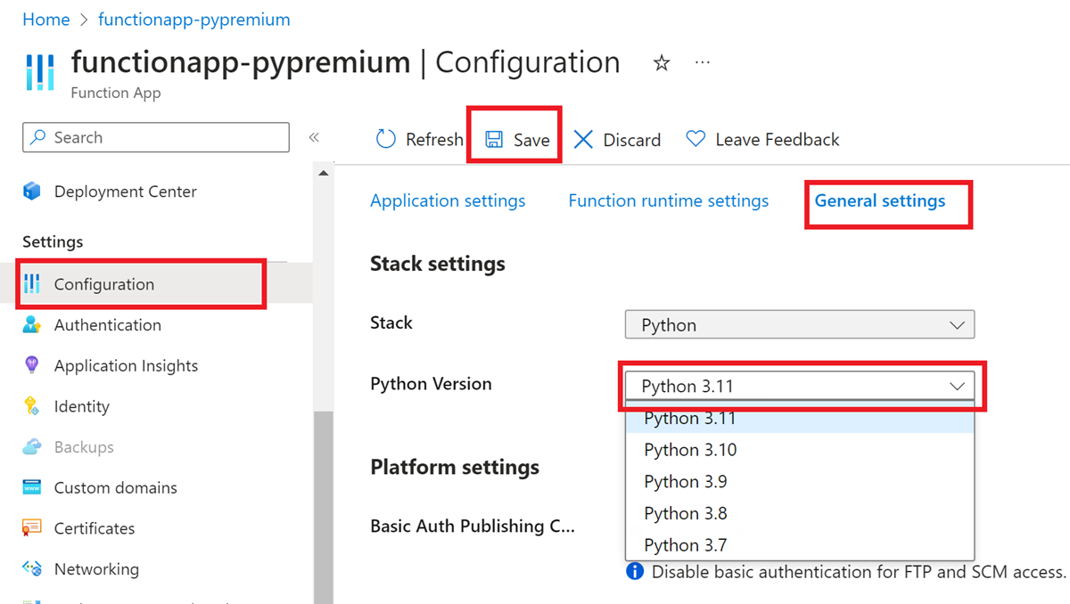 Schermopname van het instellen van de gewenste Python-versie voor een functie-app in Azure Portal.