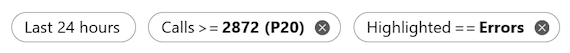 Schermopname van filters om alleen fouten weer te geven die de afgelopen 24 uur rood zijn gemarkeerd voor connectors met een aantal oproepen dat groter is dan 2872.