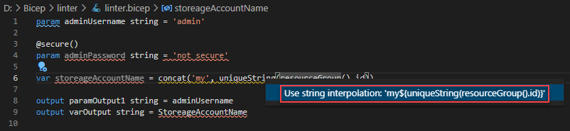 Bicep linter-gebruik in Visual Studio Code : oplossing voor snelvoegsel weergeven.